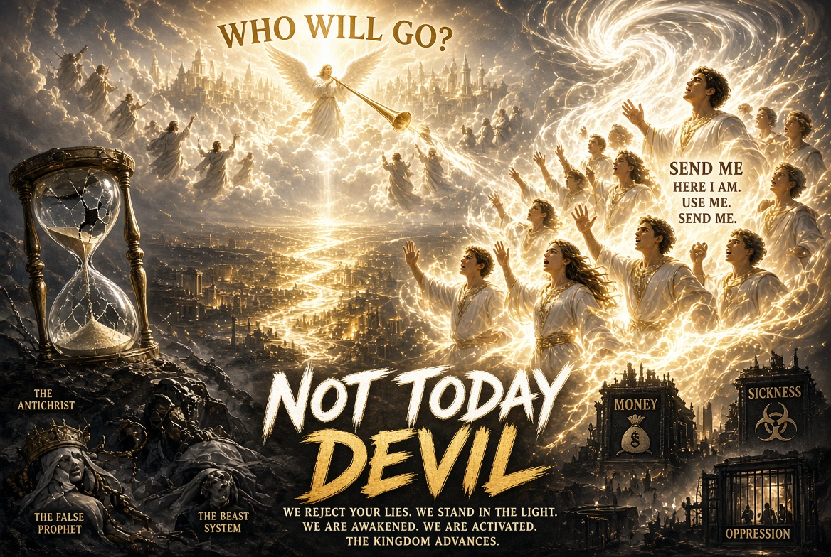 Prophetic artwork for the July 3, 2026 word: a golden heavenly city and trumpet above a dark earth. Text in the image reads Who will go; Send me, here I am, use me; Not today devil; We reject your lies. We stand in the light. We are awakened. We are activated. The Kingdom advances.